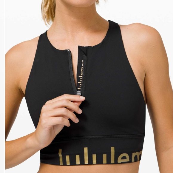 lululemon athletica Other - Sz 12 Special Edition Energy Bra High Neck Long Line Zip black Gold shine
